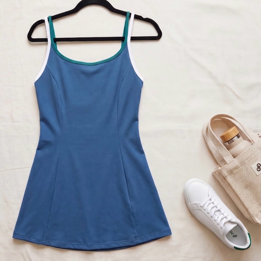 Sincerely Jules Blue Backless Tank Sporty Dress with White & Teal Trim